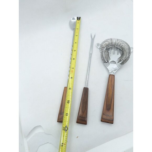 MCM 3 Barware strainer, Stirrer & fork pick faux wood handle bakelite? metal - Picture 12 of 15